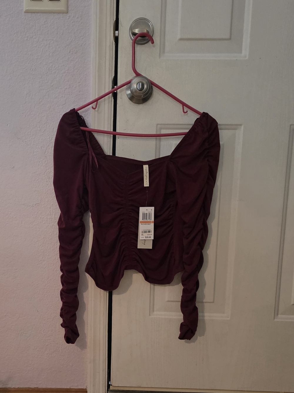 NWT- Kingston Grey Small Ruched Square-Neck Long Sleeve Top - Plum